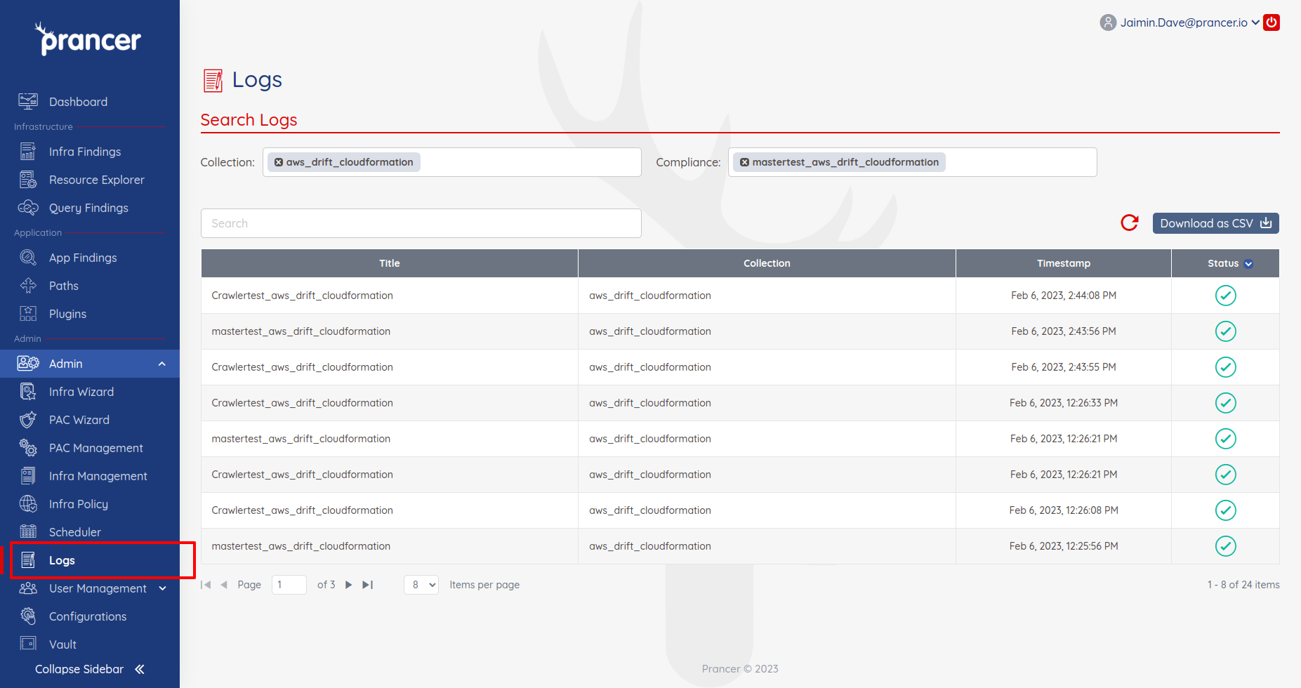Log Listor Logs — Prancer Docs